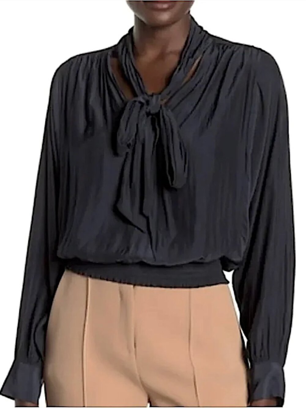 RAMY BROOK Winslow Black V-neck Self Tie Long Sleeve Pullover Blouse Top